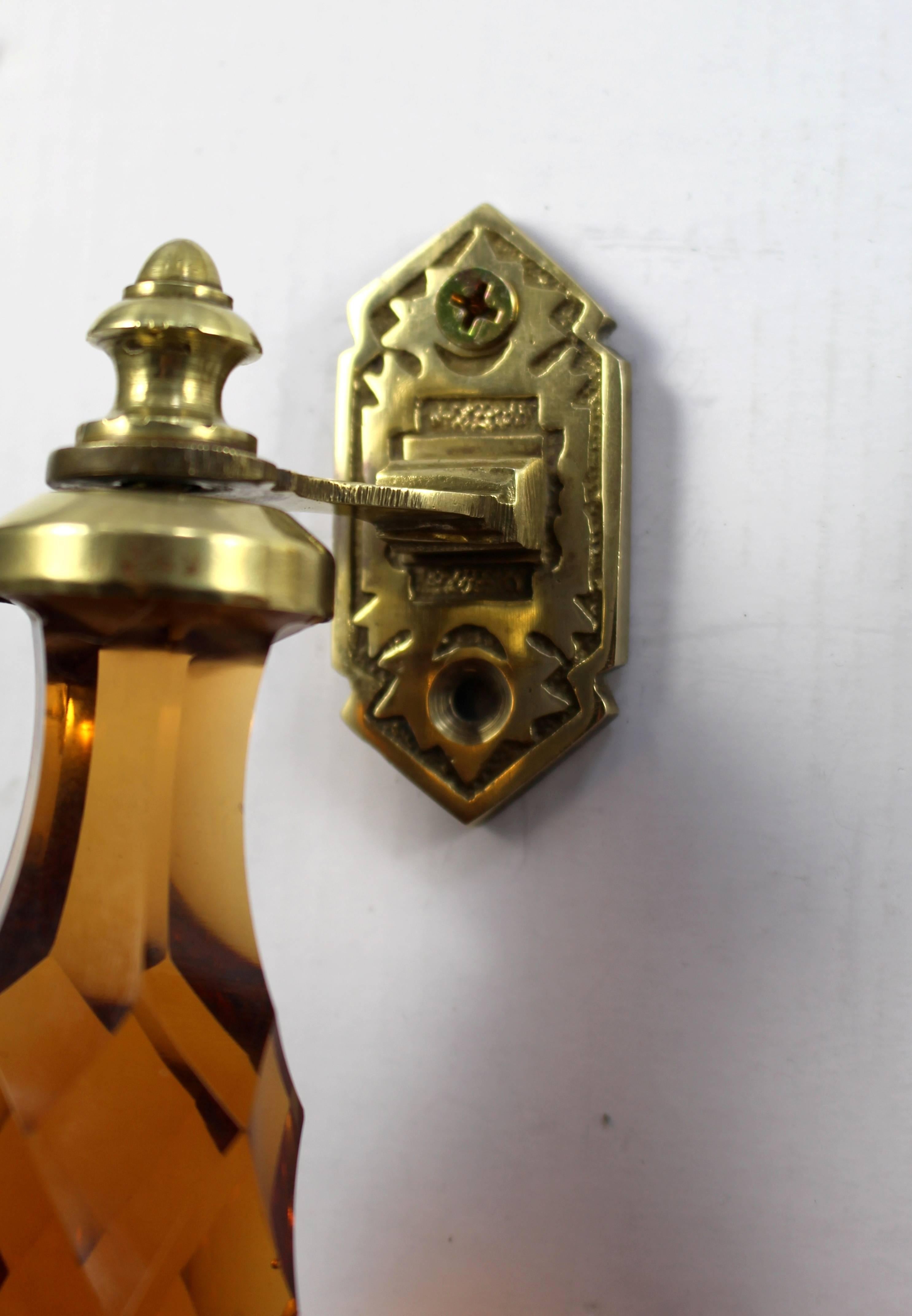 Pair of Amber Cut-Glass Brass Door Handles In Excellent Condition In Worcester, Worcestershire