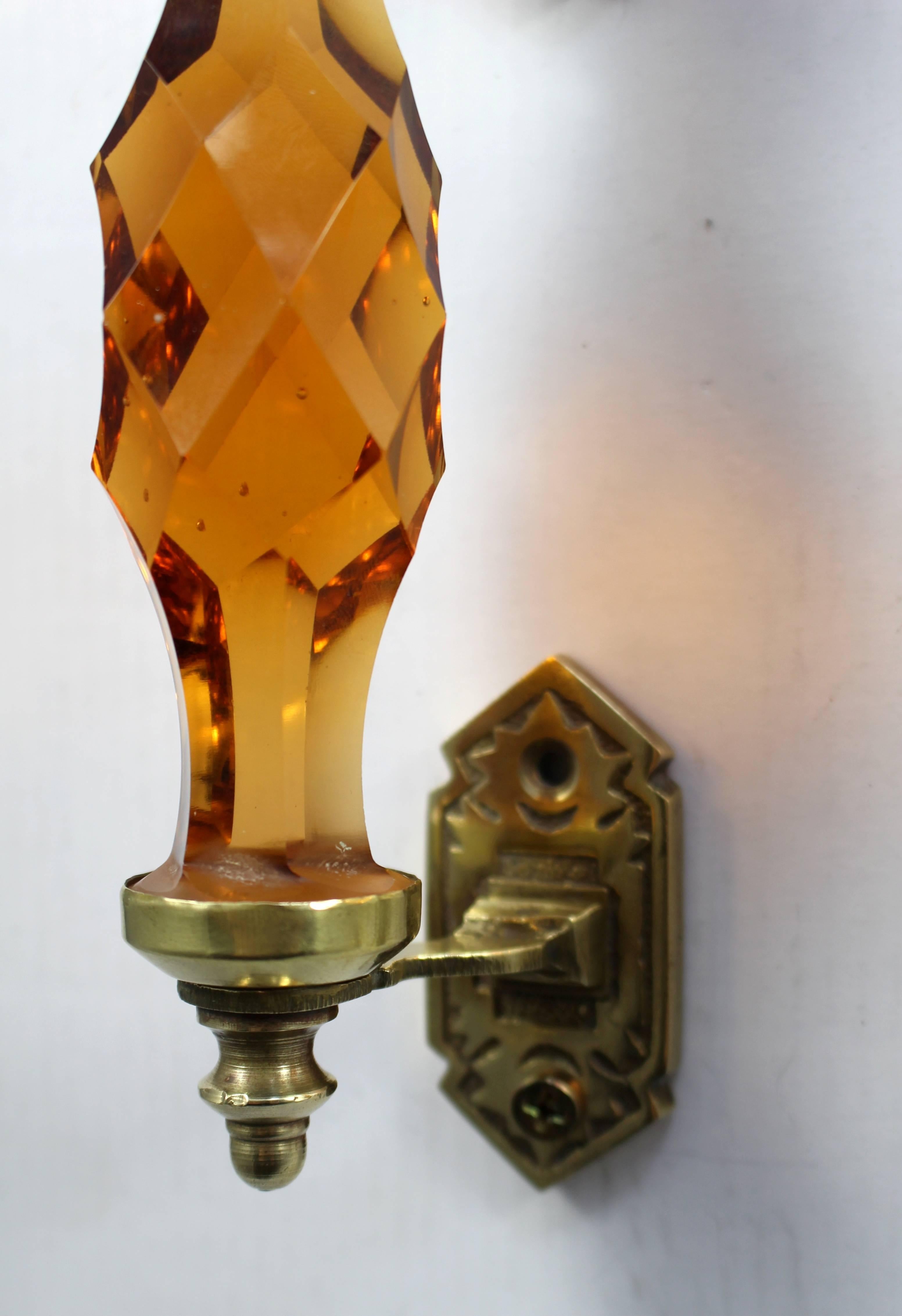 20th Century Pair of Amber Cut-Glass Brass Door Handles