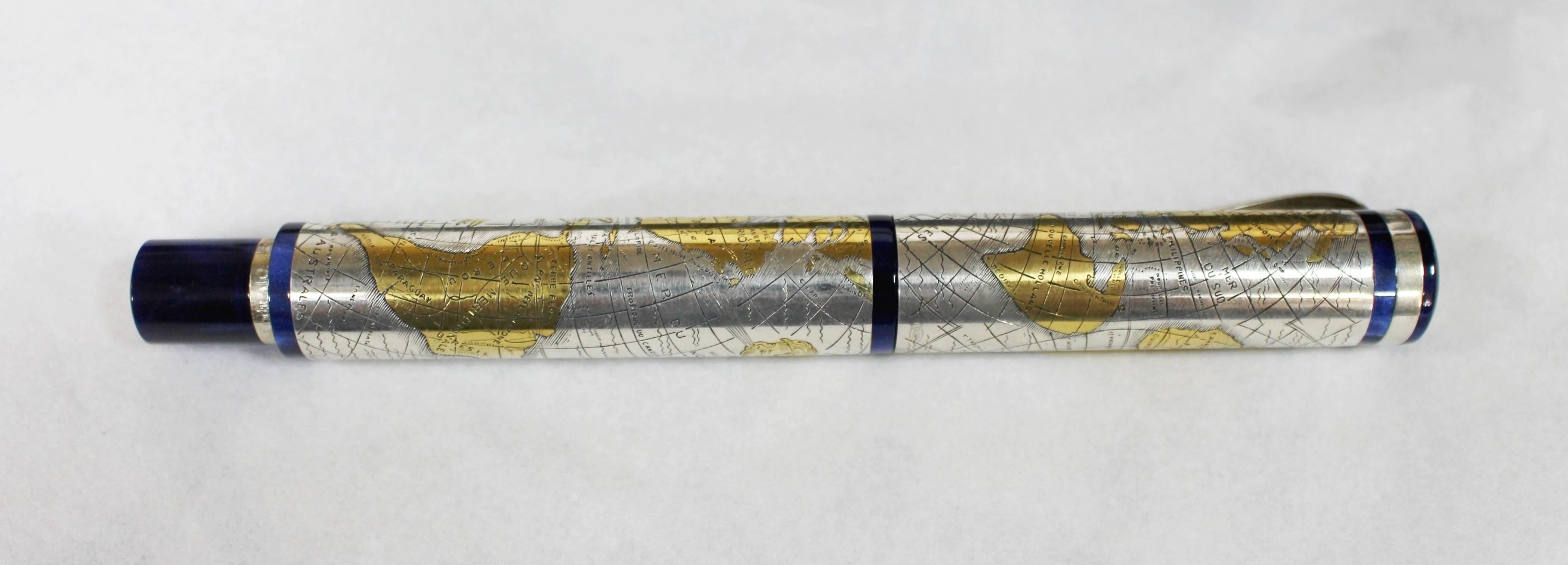 Maker Montegrappa, Italy
Edition Gea 2001 fountain pen
Ltd Edition 0147 of 2001
Design Piston fed fountain pen, made in Italy. Sterling silver with 24-karat gold foil application. Etched partially platinum plated 18-karat gold nib with an ebonite
