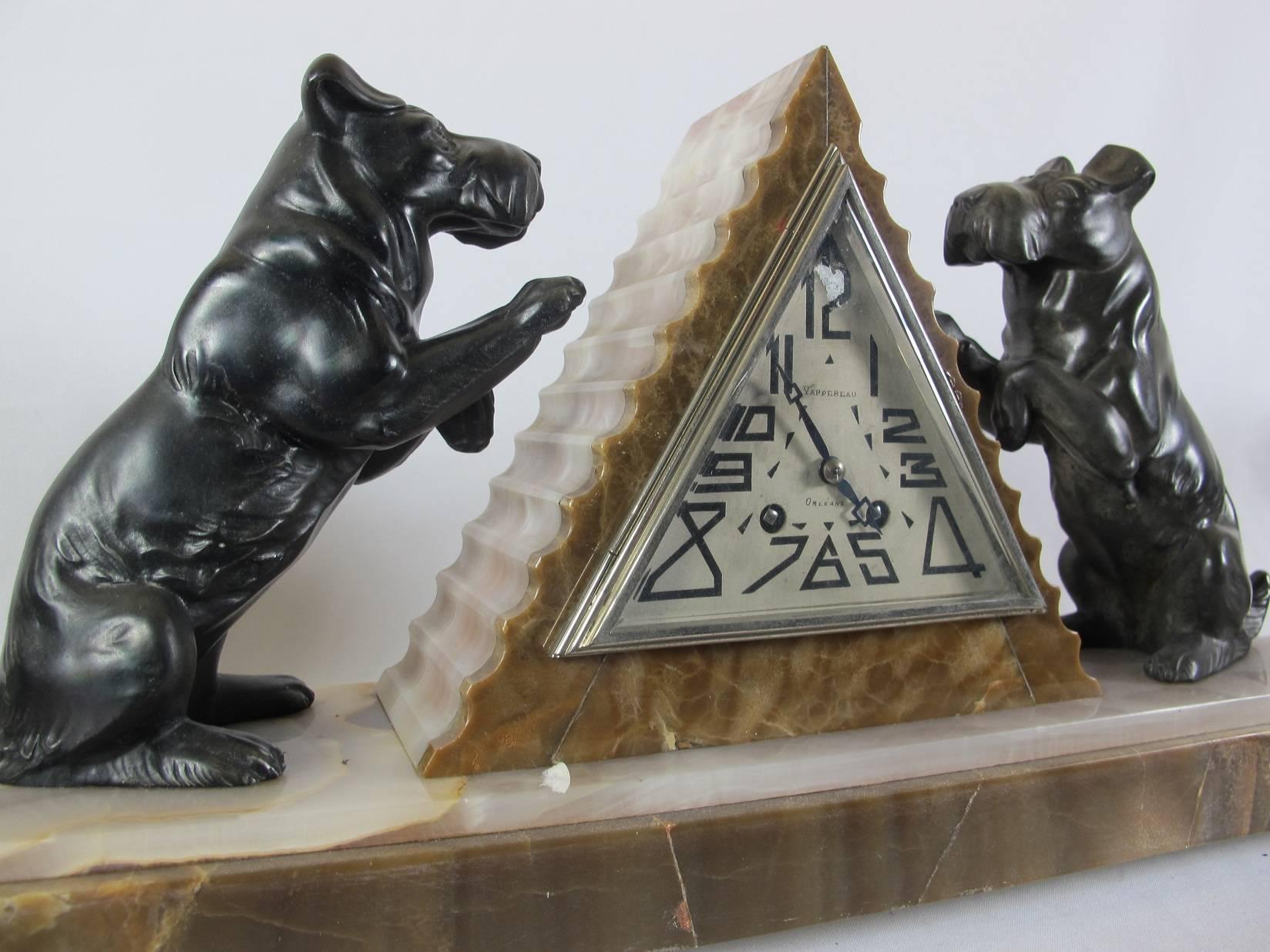 French Amusing Art Deco Clockset with Black Snauzer Adogs For Sale