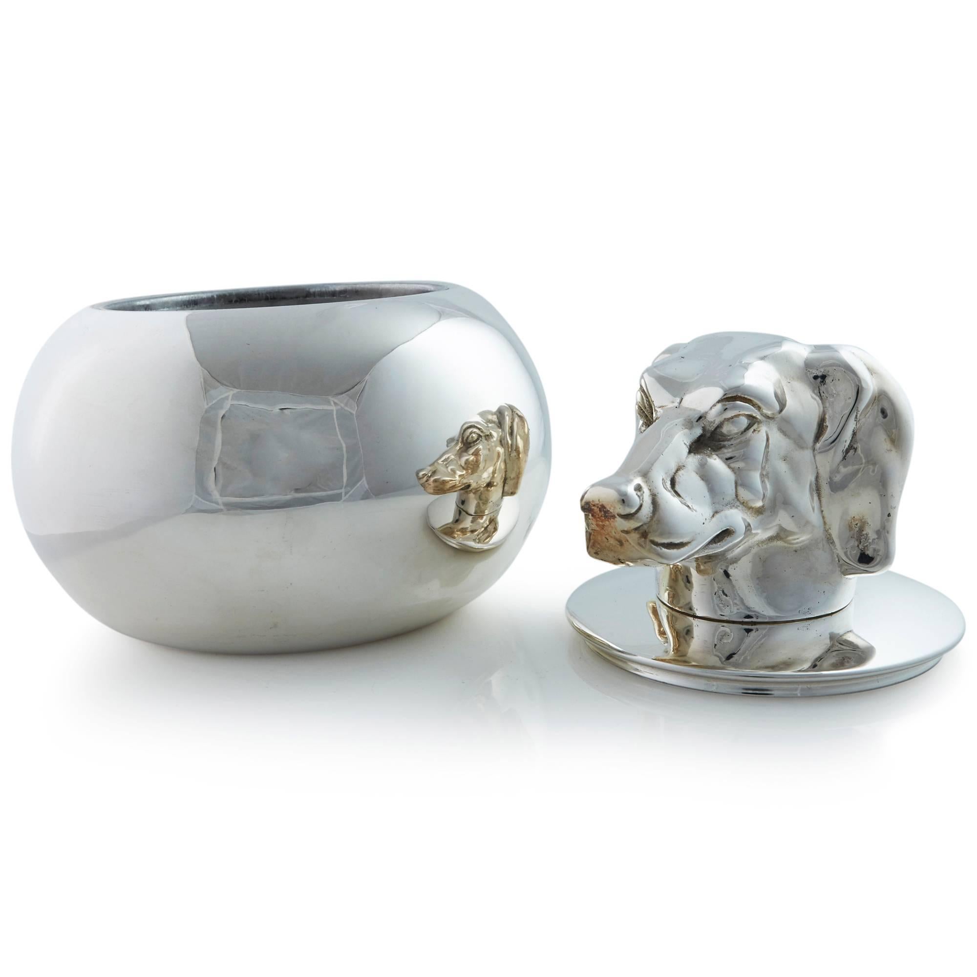 Stunning Italian silver plated ice bucket with articulated dog head and pewter liner.