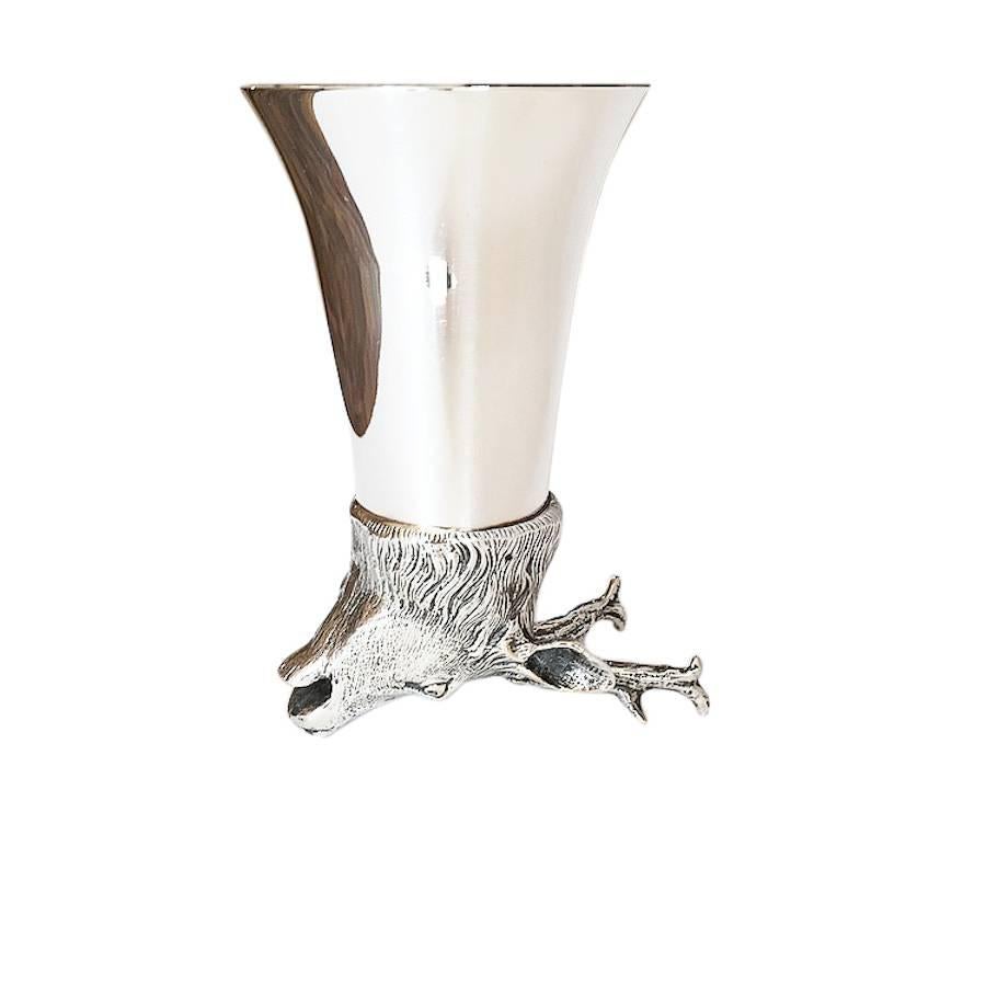 Large silver stag stirrup cup with articulated head.
