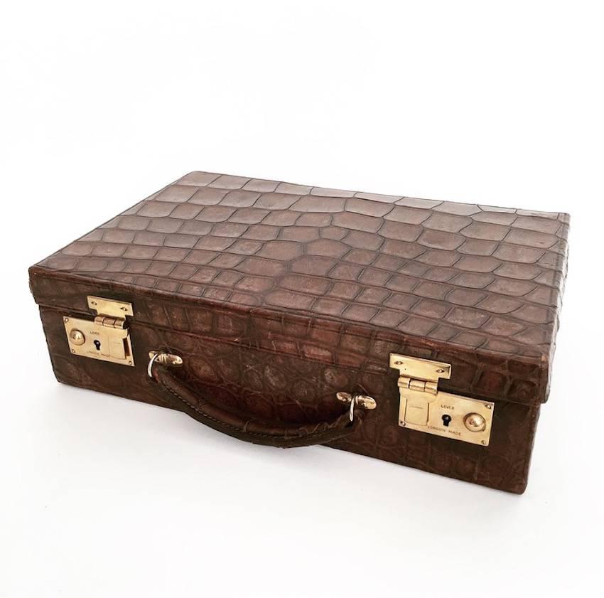 English crocodile attache case, c1910.  Interior has been relined in brown suede.