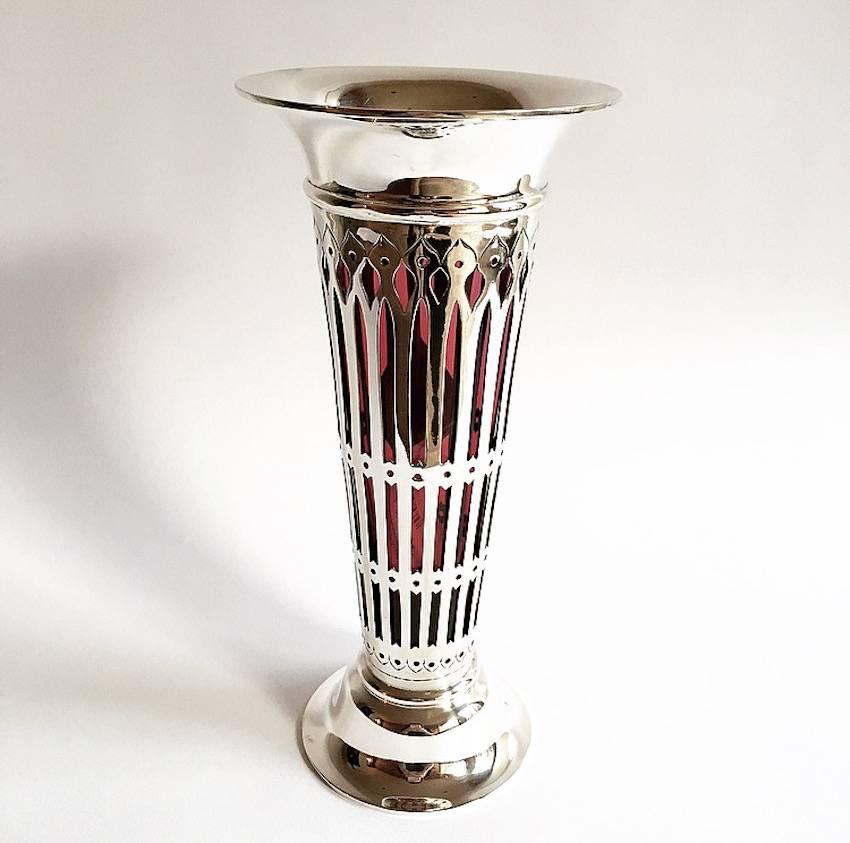 English Silver Bud Vase with colored glass insert, 1905.