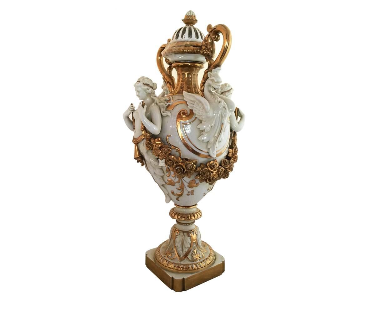 Louis XVI Fabulous Tall Antique Pair of Capodimonte Porcelain Urns