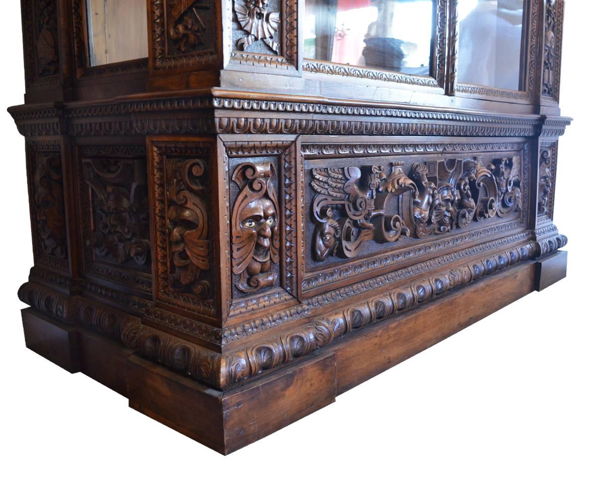 Large Italian Antique Walnut Bookcase with Original Glass In Good Condition In Laguna Beach, CA
