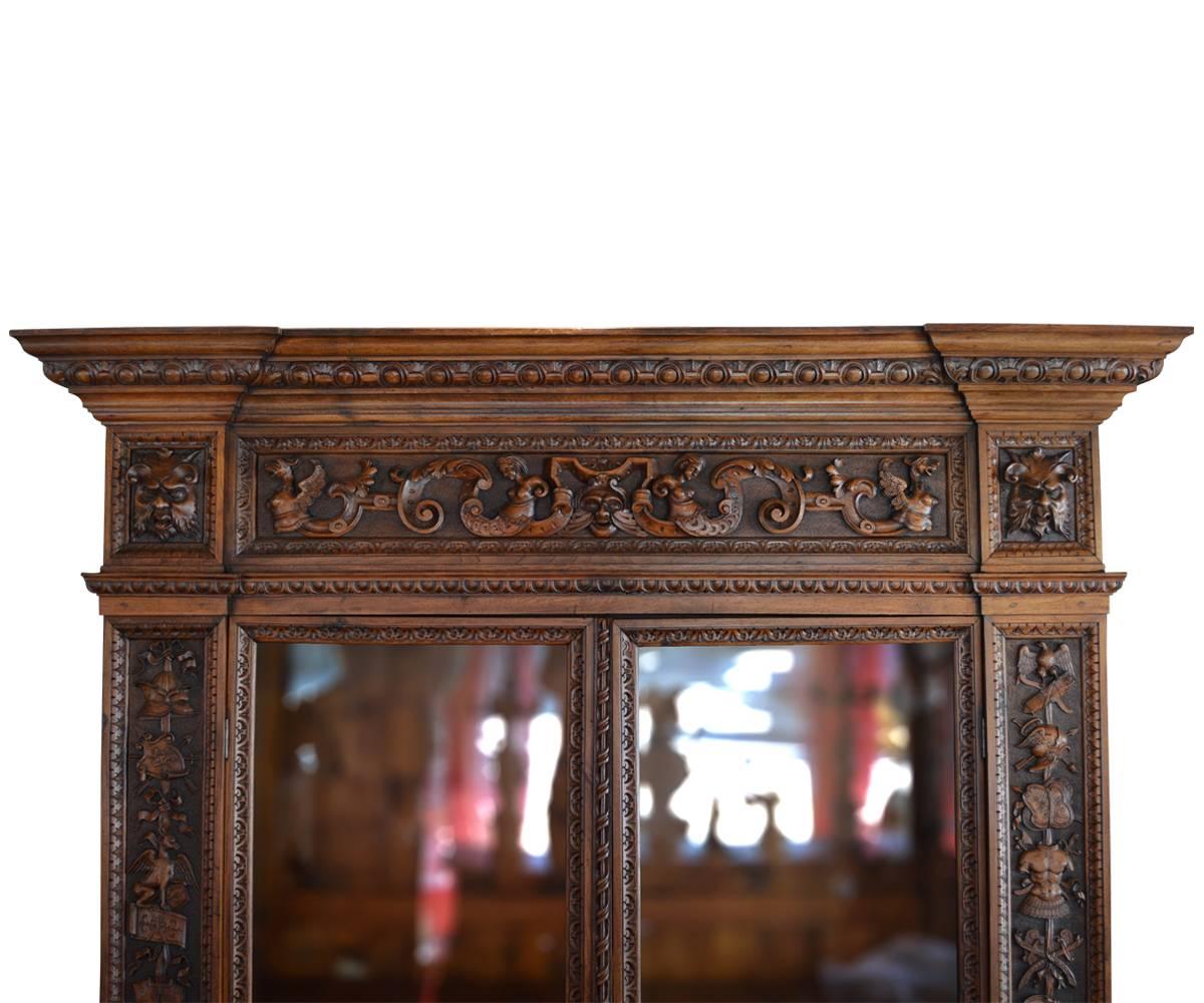 Renaissance Revival Large Italian Antique Walnut Bookcase with Original Glass