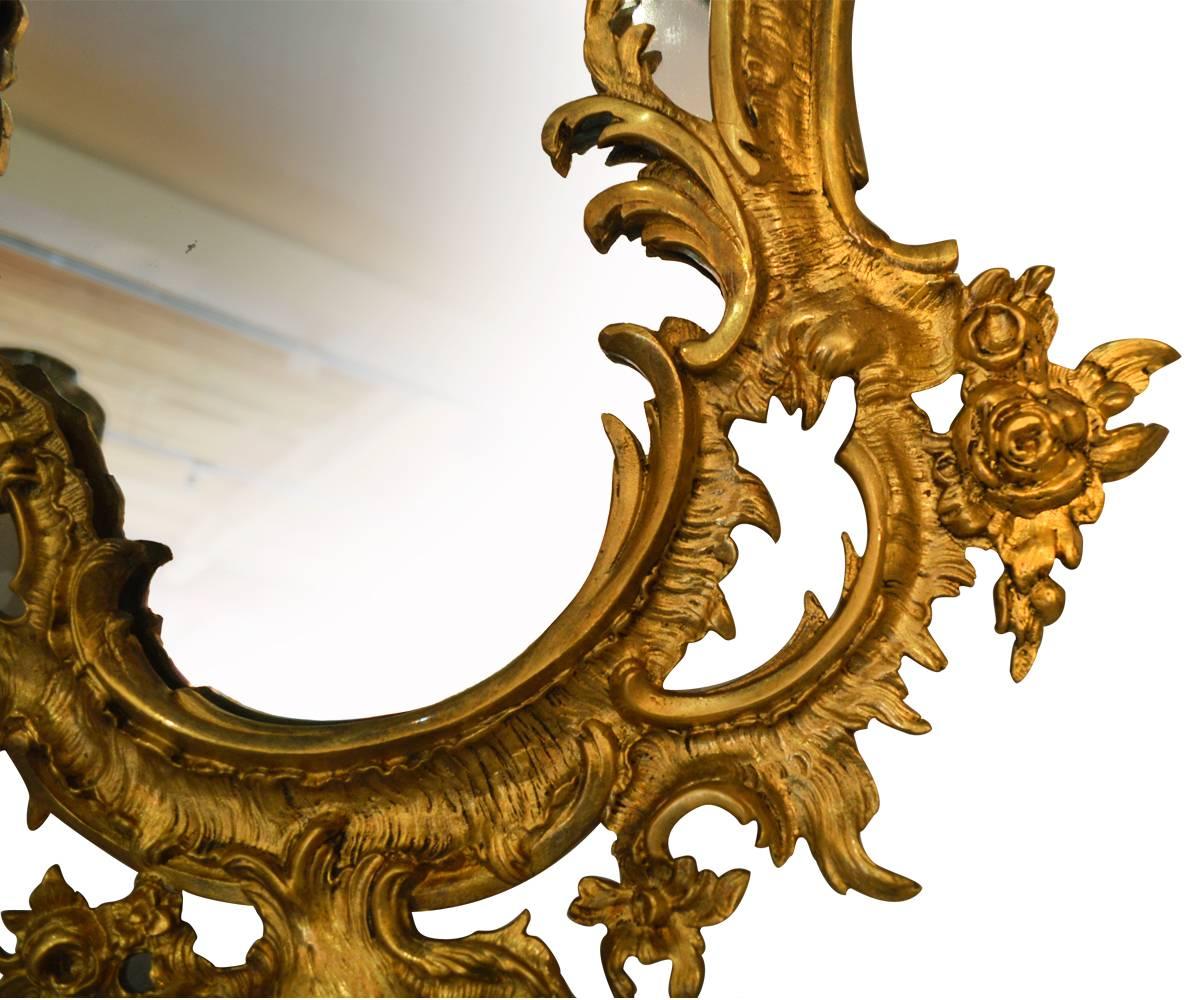 French Antique, 19th Century, Pair of Bronze Gilt Louis XV Style Mirrors