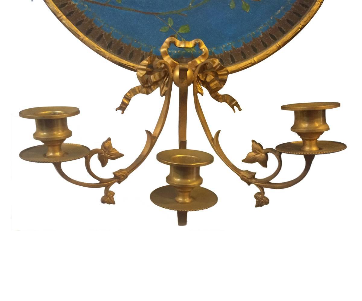 Pair of Antique French Wall Sconces with Gilt Bronze and Cloisonné In Good Condition In Laguna Beach, CA