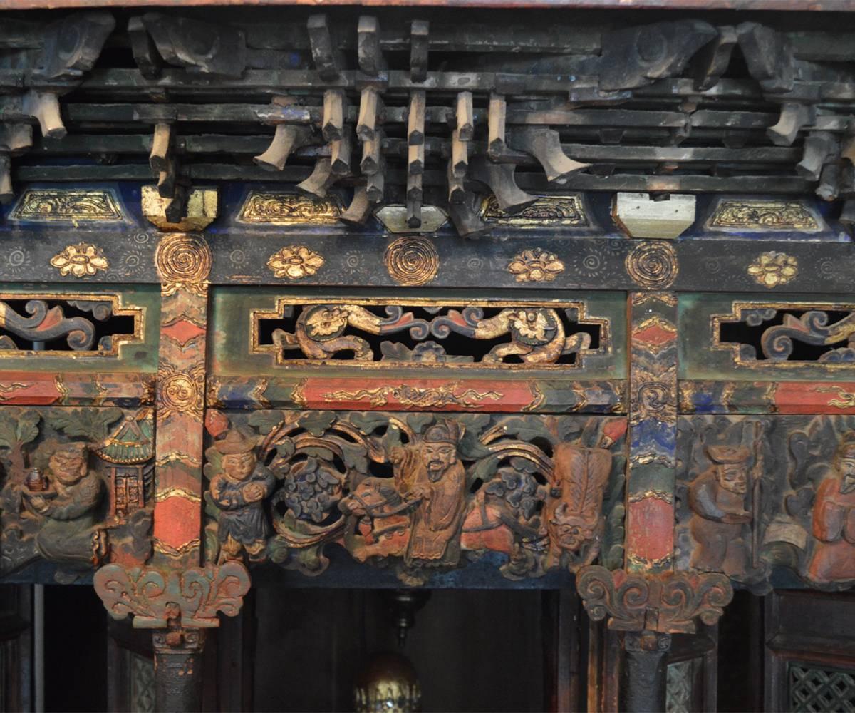 Large and Impressive 18th Century Painted Chinese Temple with Stand In Good Condition In Laguna Beach, CA
