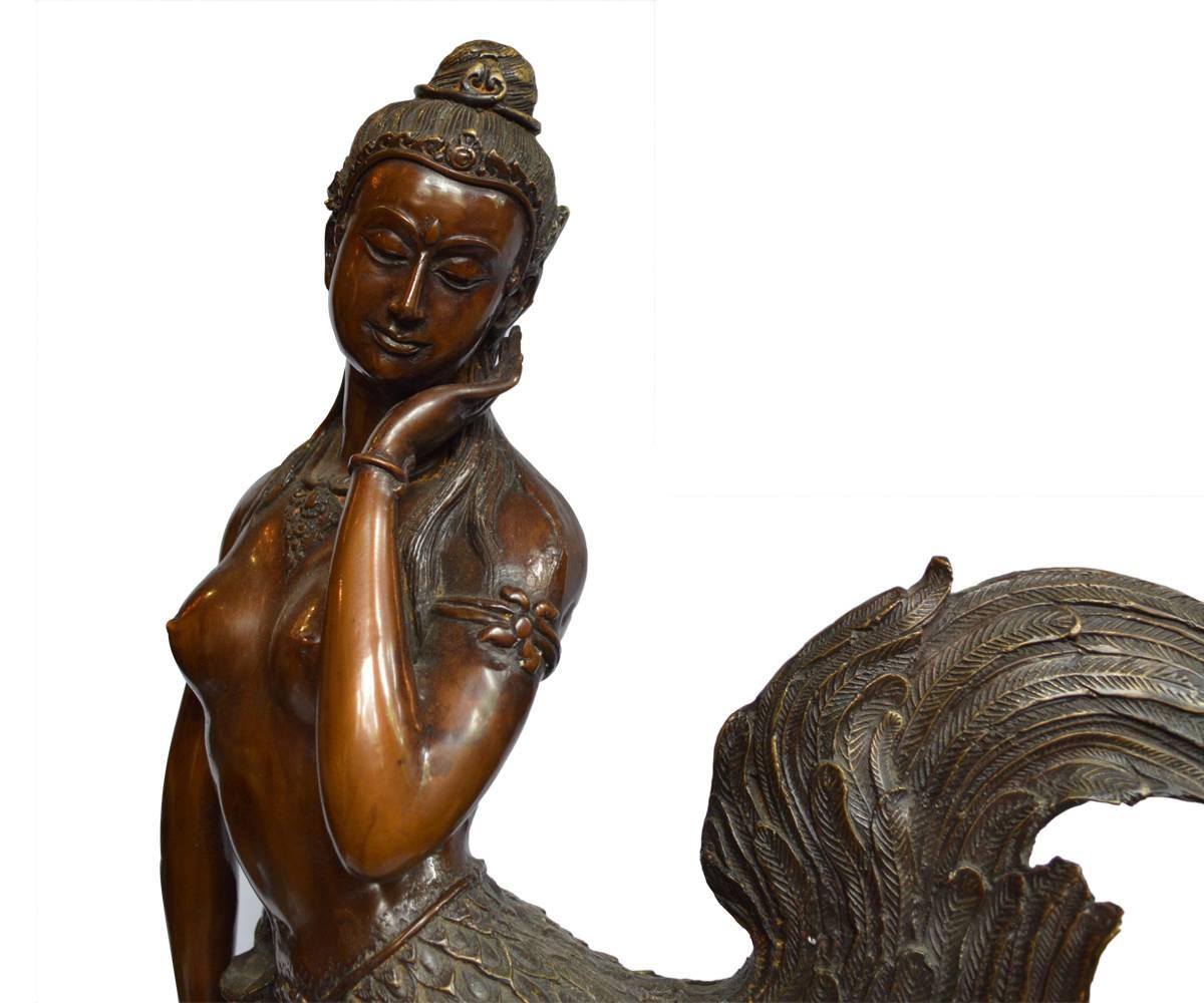 Chinese Thai Bronze Sculpture of a Mythical Figure with a Nude Female Torso and Wings For Sale