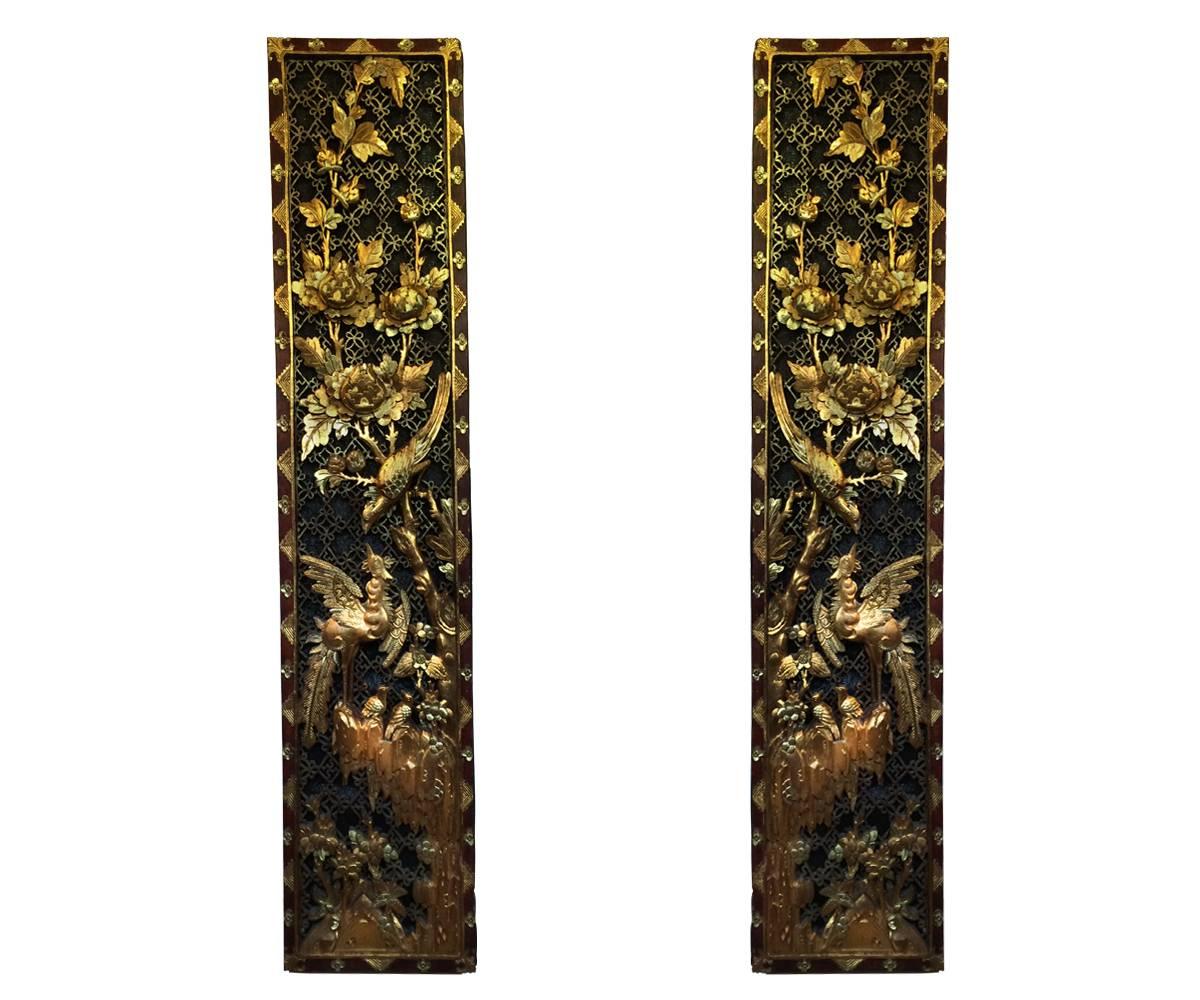 Pair of Left and Right, Chinese High Relief Carved Giltwood Panels For Sale
