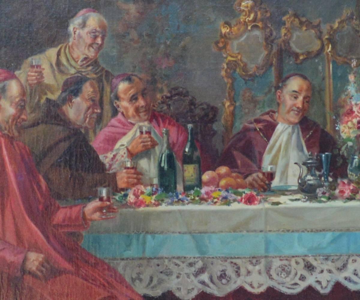 This oil painting is 19th century and features cardinals dining together in an animated setting.
It is presented in a gilt, ornate frame.
  