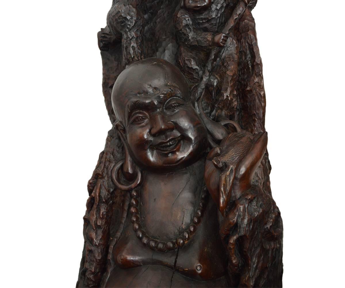 Hand-Carved Antique Chinese Large Carved Happy Buddha For Sale