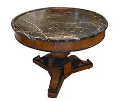Antique Walnut Burl Wood Marble-Top Pedestal Table with Ebonized Trim