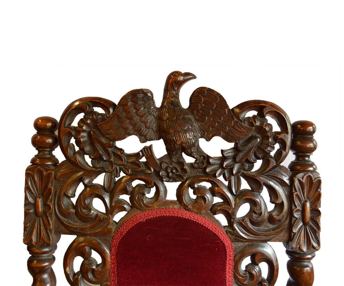 Hand-Carved Pair of Antique Belgian Hall/Side Chairs with Eagle Crown For Sale