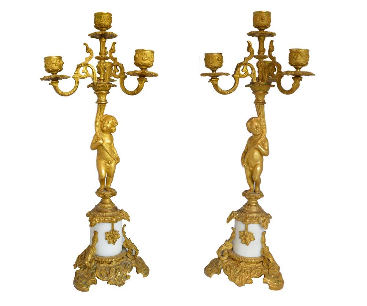 Pair of Antique French Gold Gilt Bronze Candelabra