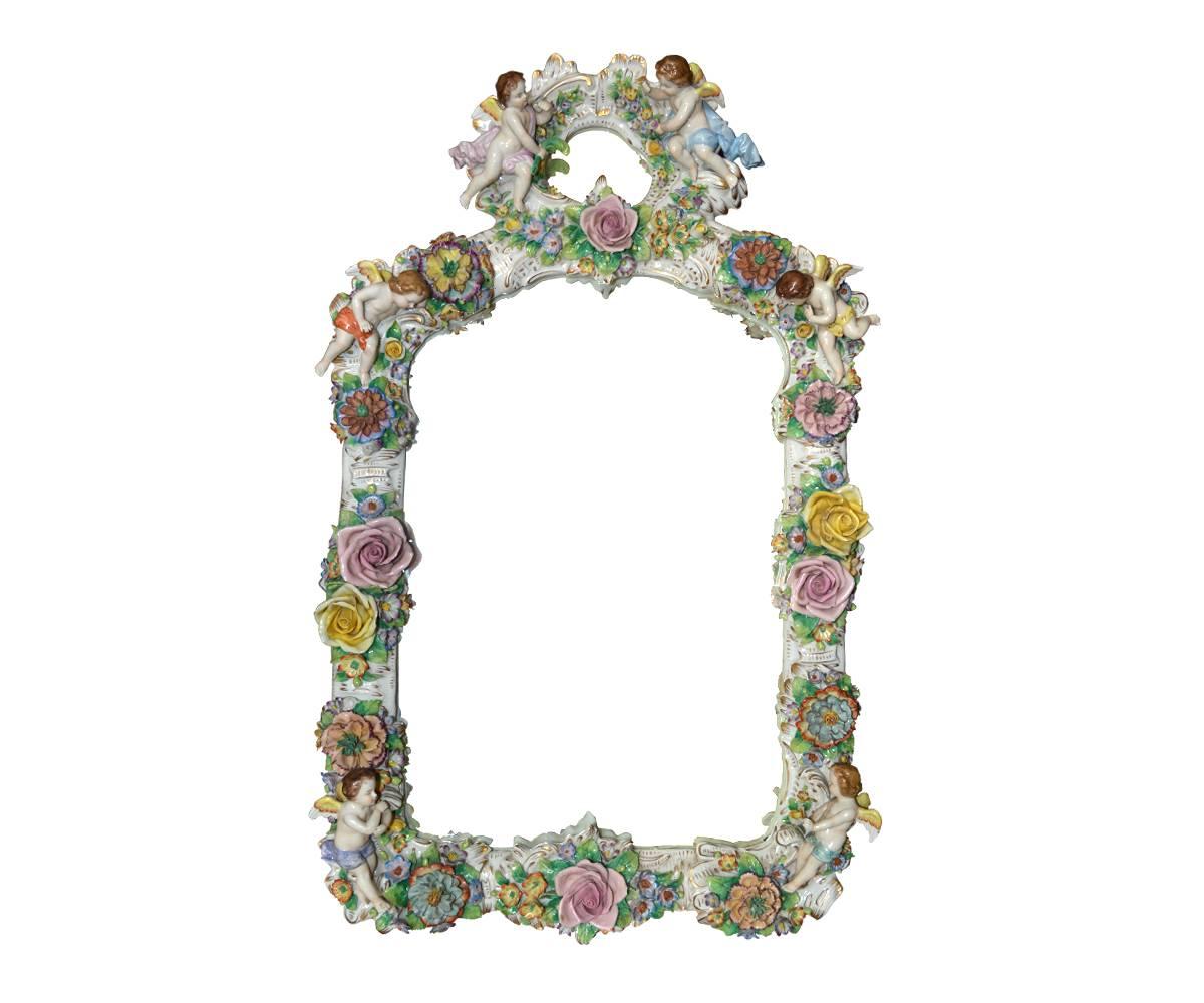 These two magnificent mirrors are complimentary but not identical and are in superb condition. They are absolutely enjoyable to look at as the figures and flowers seem to pop off the frame. These would make fabulous frames for pictures, maybe of
