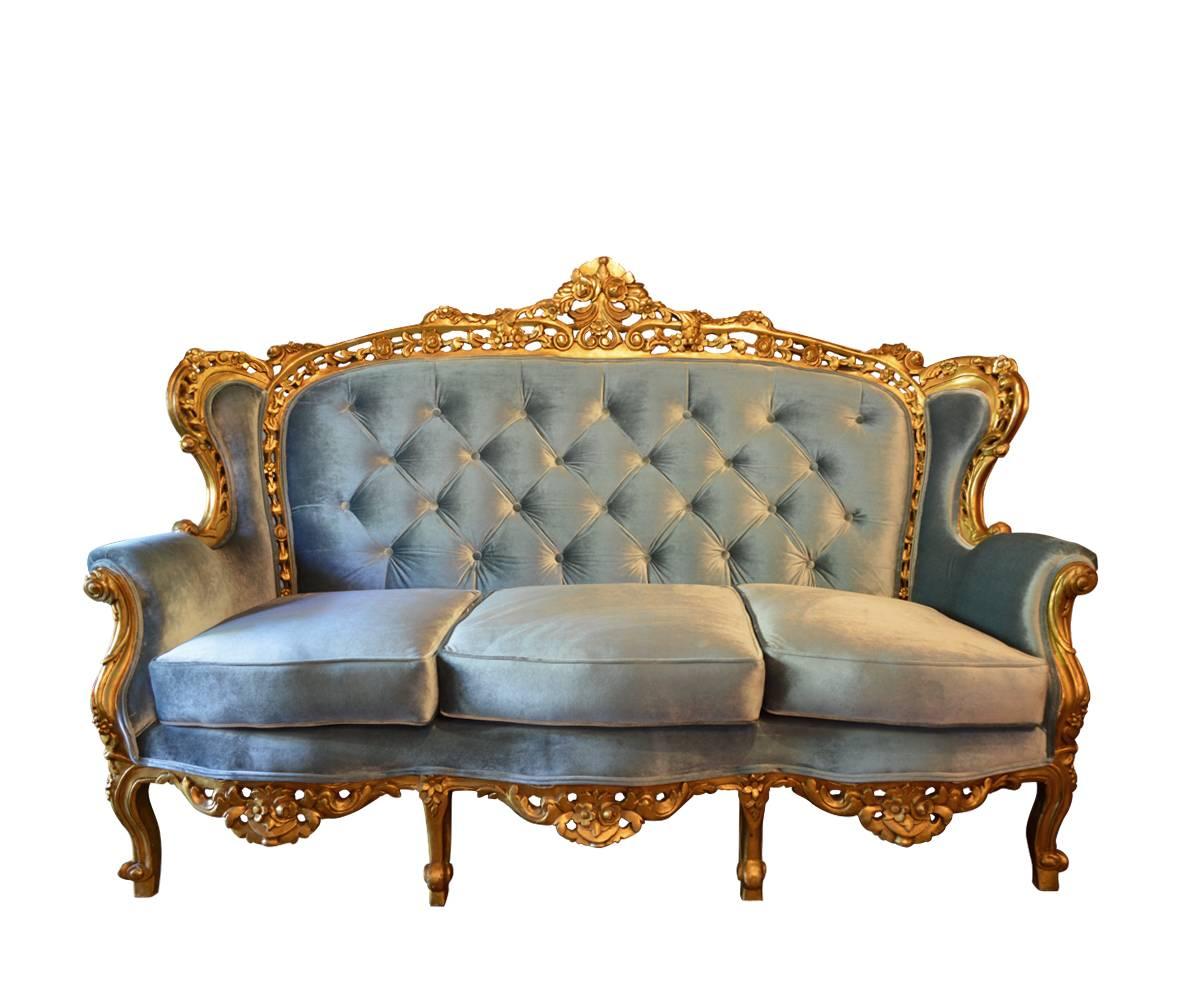 Antique French gold gilded sofa and two armchairs. This fantastic sofa set features carved wood frame with real gold leaf gilding. It has been totally refurbished and reupholstered in sky blue velvet fabric by our professional staffs. It is very