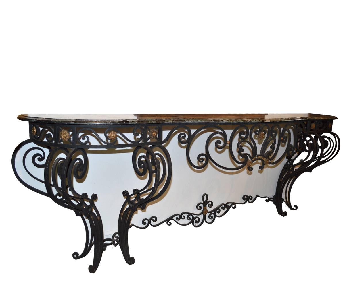 French Louis XV Style Wrought Iron Console Table with Marble Top