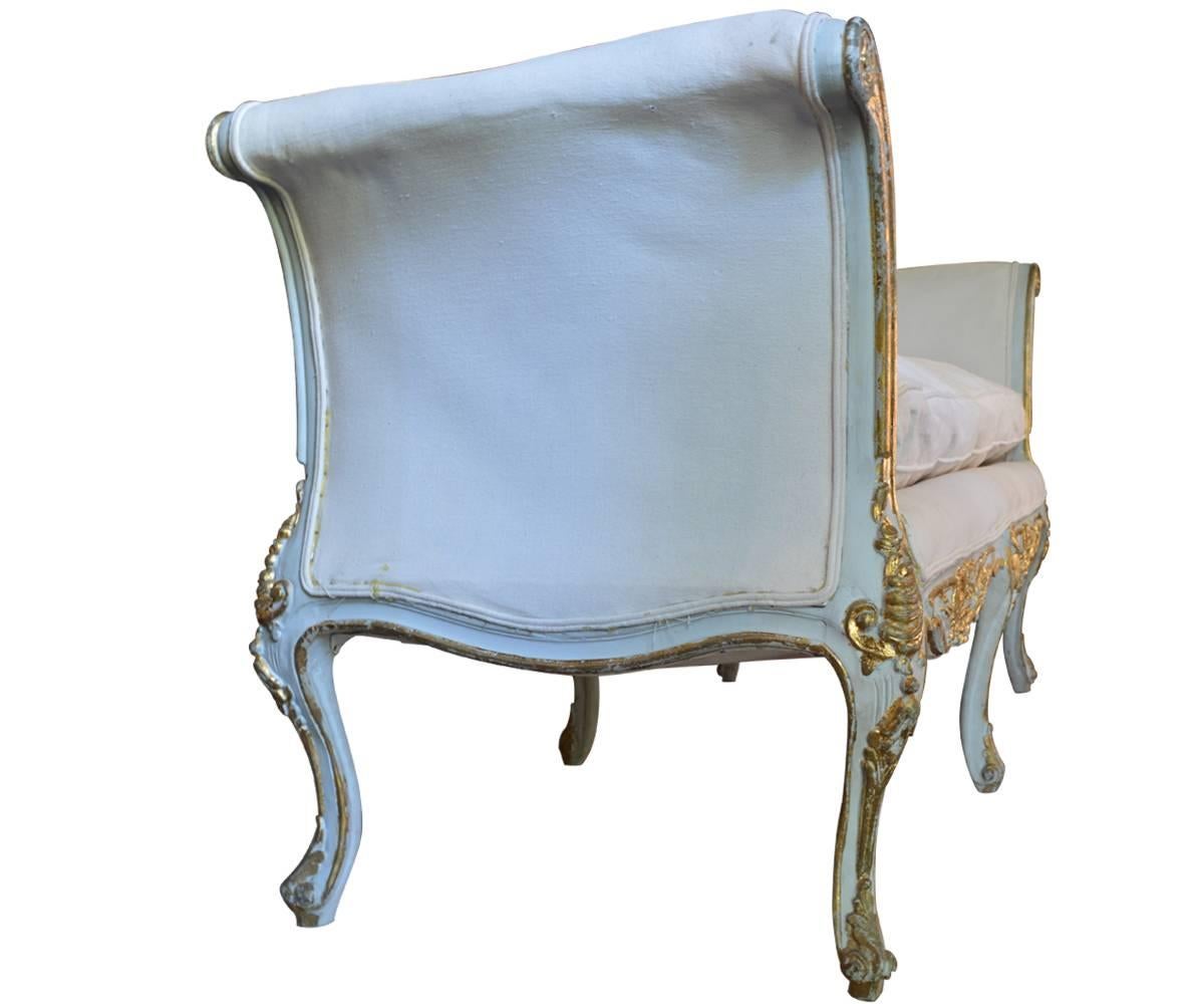 French Antique Louis XV Style Gold Gilded and Painted Bench