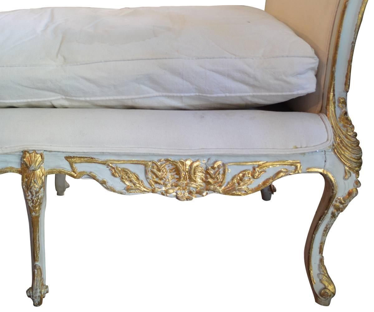 Carved Antique Louis XV Style Gold Gilded and Painted Bench