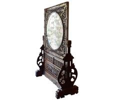 Rare Pair of Extremely Large Chinese Carved Wood and Porcelain Table Screens