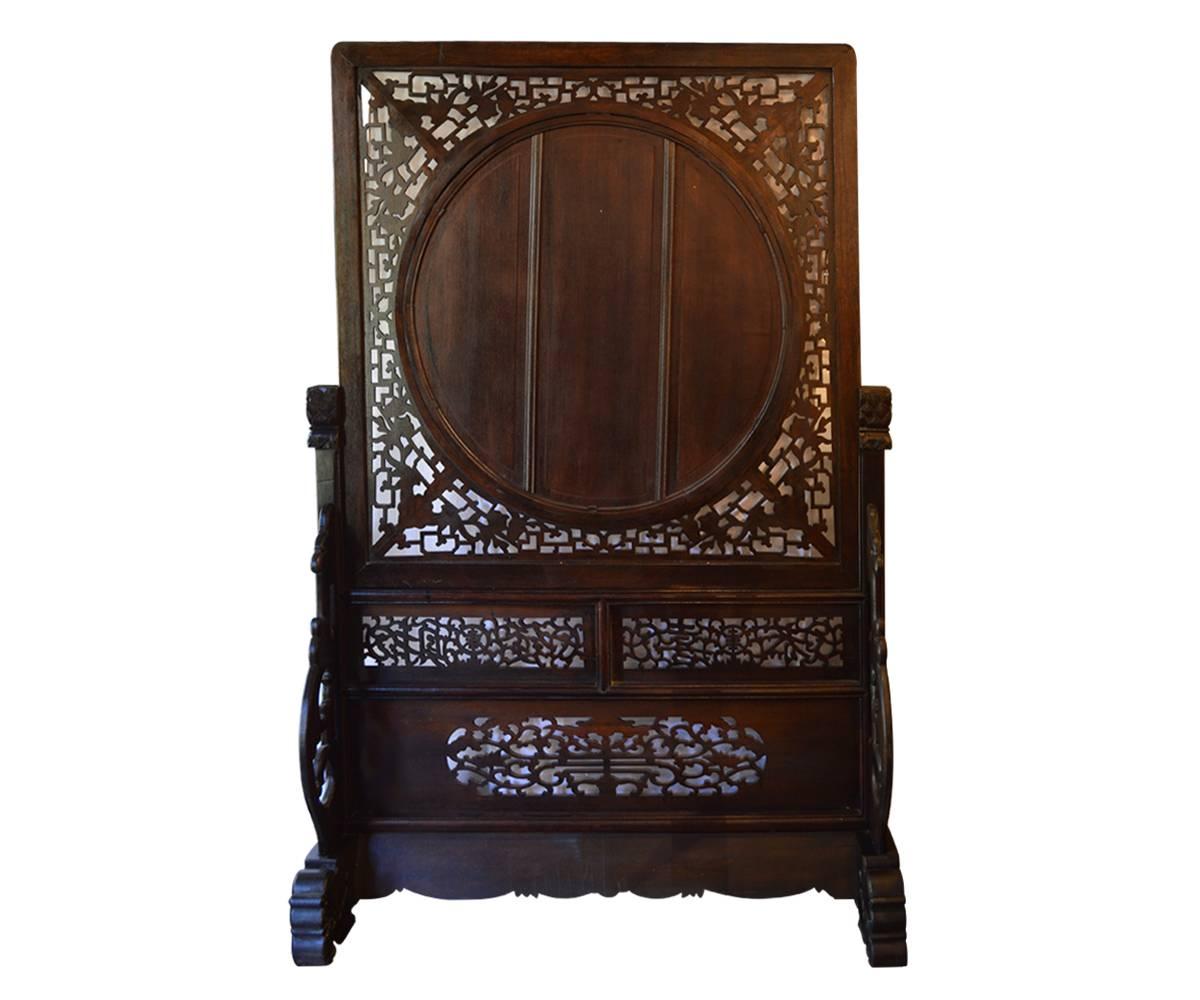Chinese Export Rare Pair of Extremely Large Chinese Carved Wood and Porcelain Table Screens