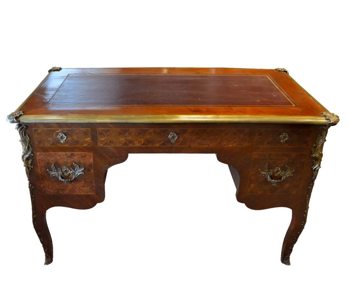 Gilt  Petite Antique French Marquetry Inlay Louis XV Ormolu Writing Desk