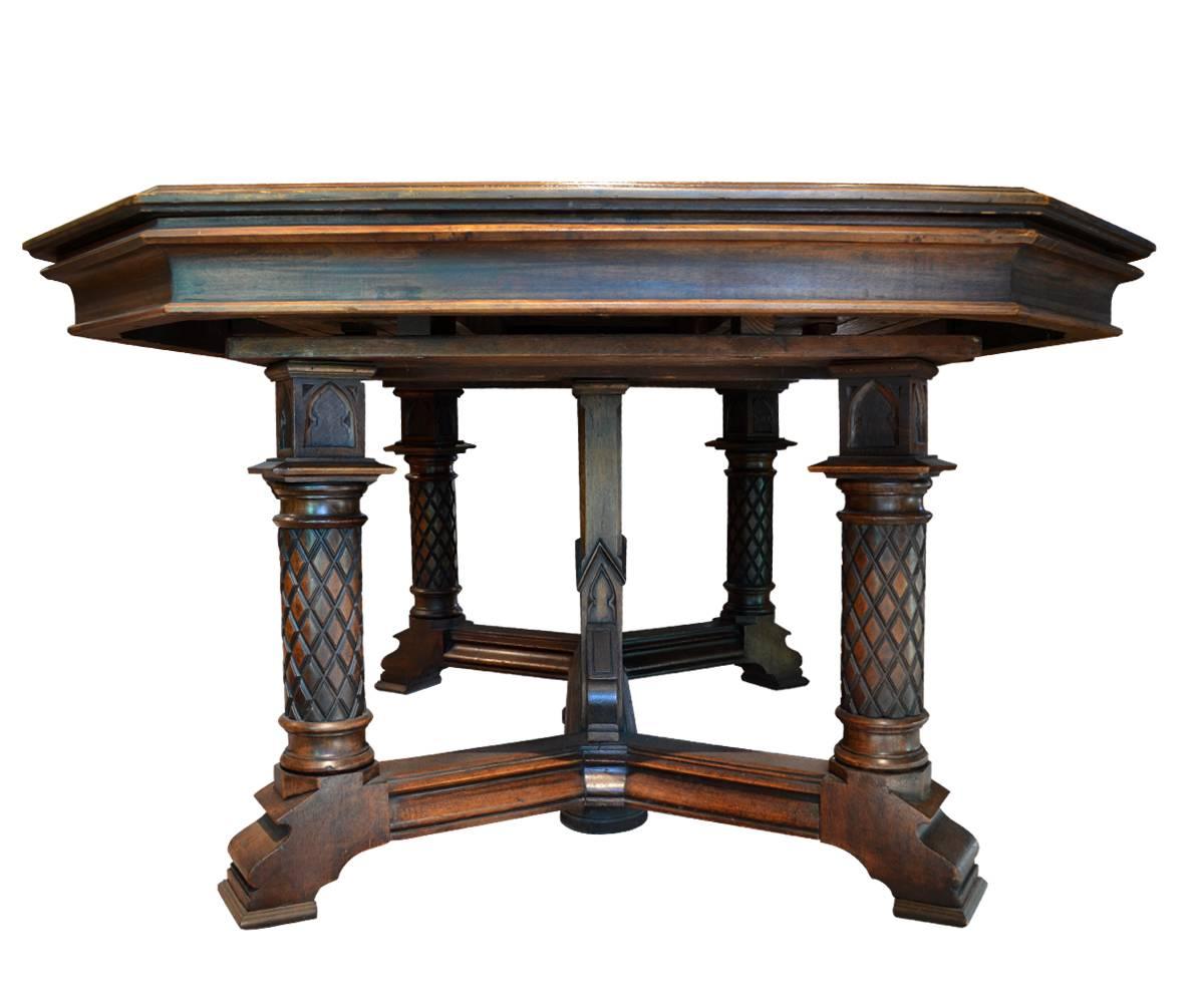 French Antique Gothic Style Dining Table with Eight Chairs with Three Leafs