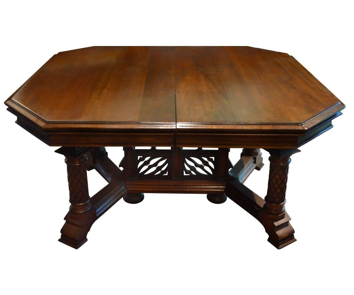 Hand-Carved Antique Gothic Style Dining Table with Eight Chairs with Three Leafs