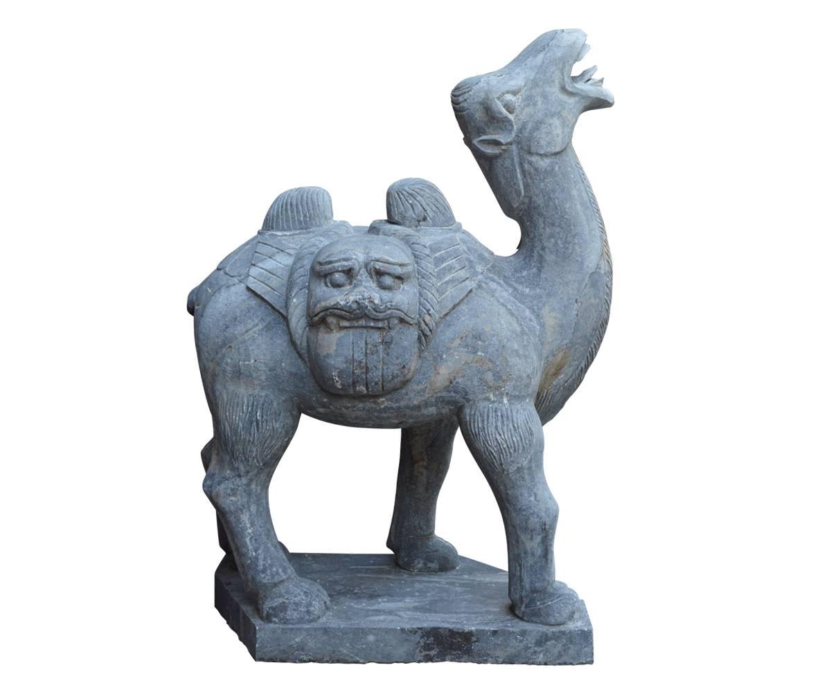 These large Chinese stone camels have good carving and are very heavy. They have quite an animated expression. These should not be confused with the cheaper concrete imitations as they are real stone.