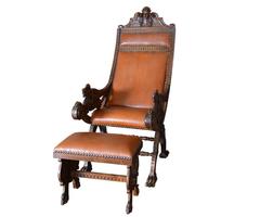 Unusual, Antique, Italian Griffin Lounge Chair with Foot Stool