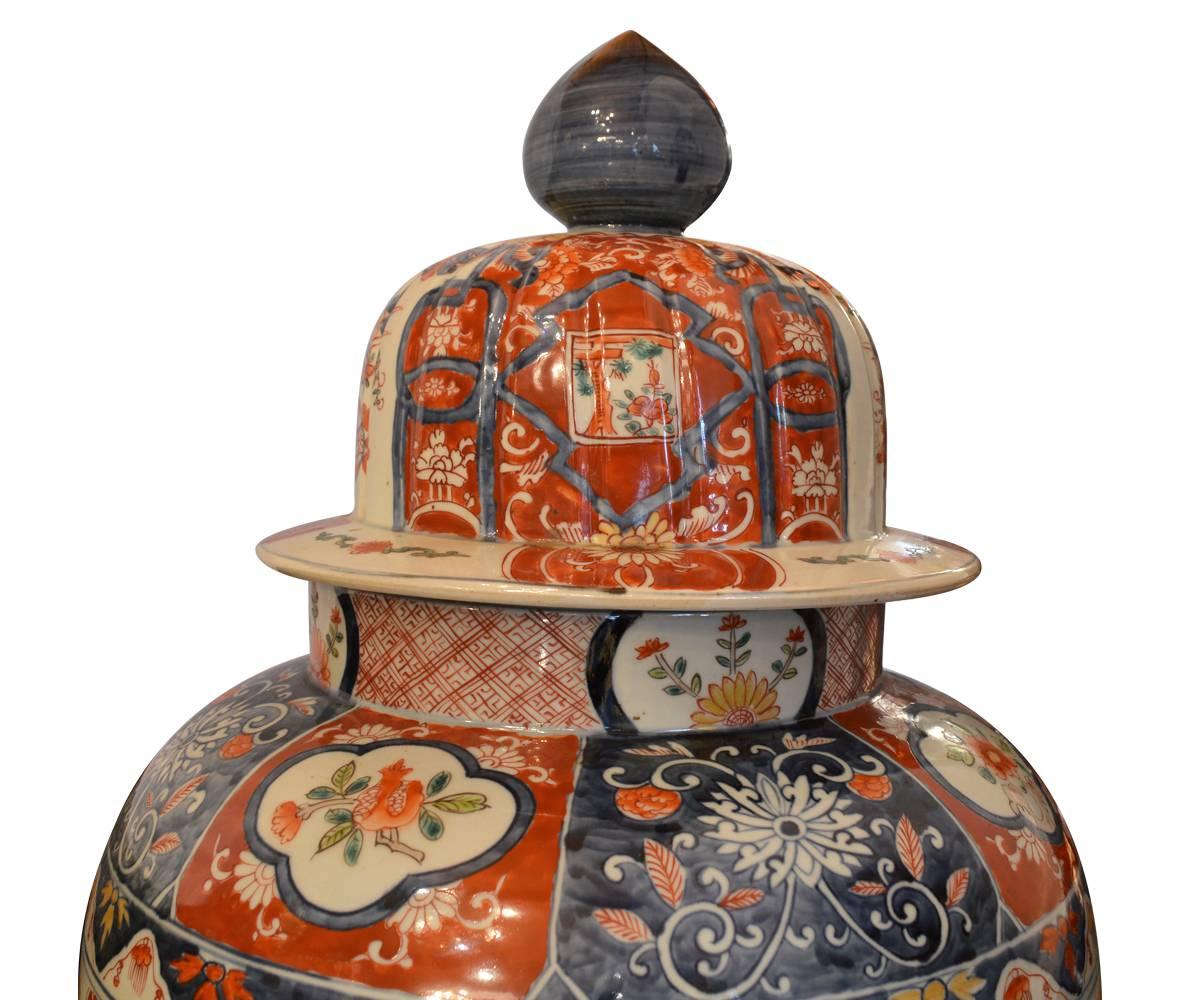 Meiji Large Pair of Imari Hand-Painted Vases with Lids