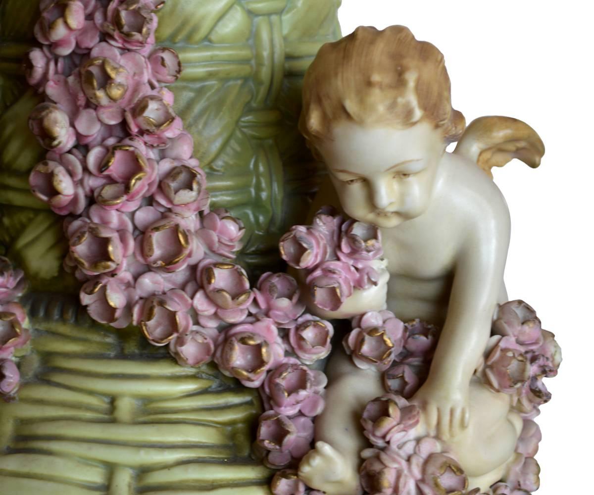 European Large Antique Amphora Vase with Cherubs or Putti and Flowers For Sale