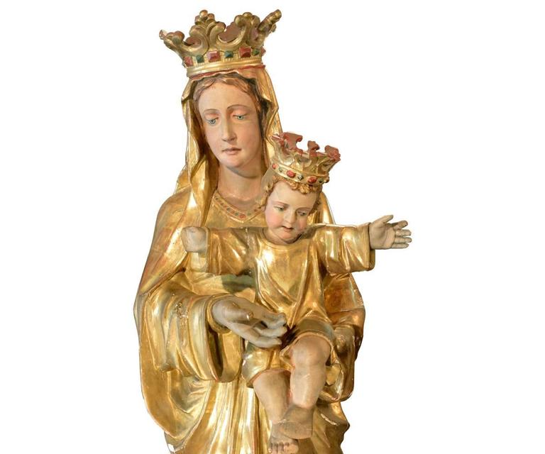 Antique Larger Than Life Giltwood Madonna and Child Church Statue For