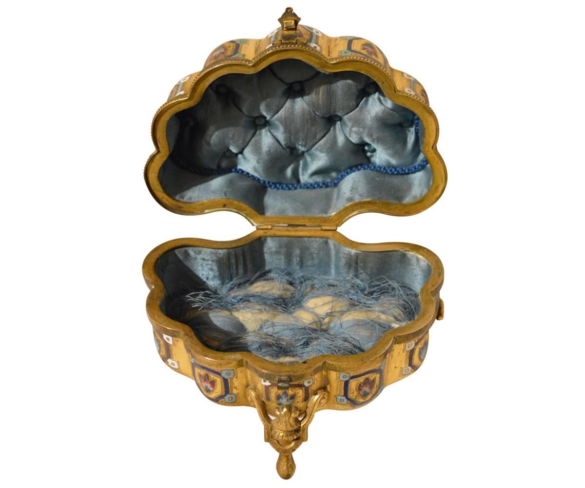 Italian Antique Pietra Dura Inlaid Gilt Bronze Box with Enameling In Good Condition In Laguna Beach, CA