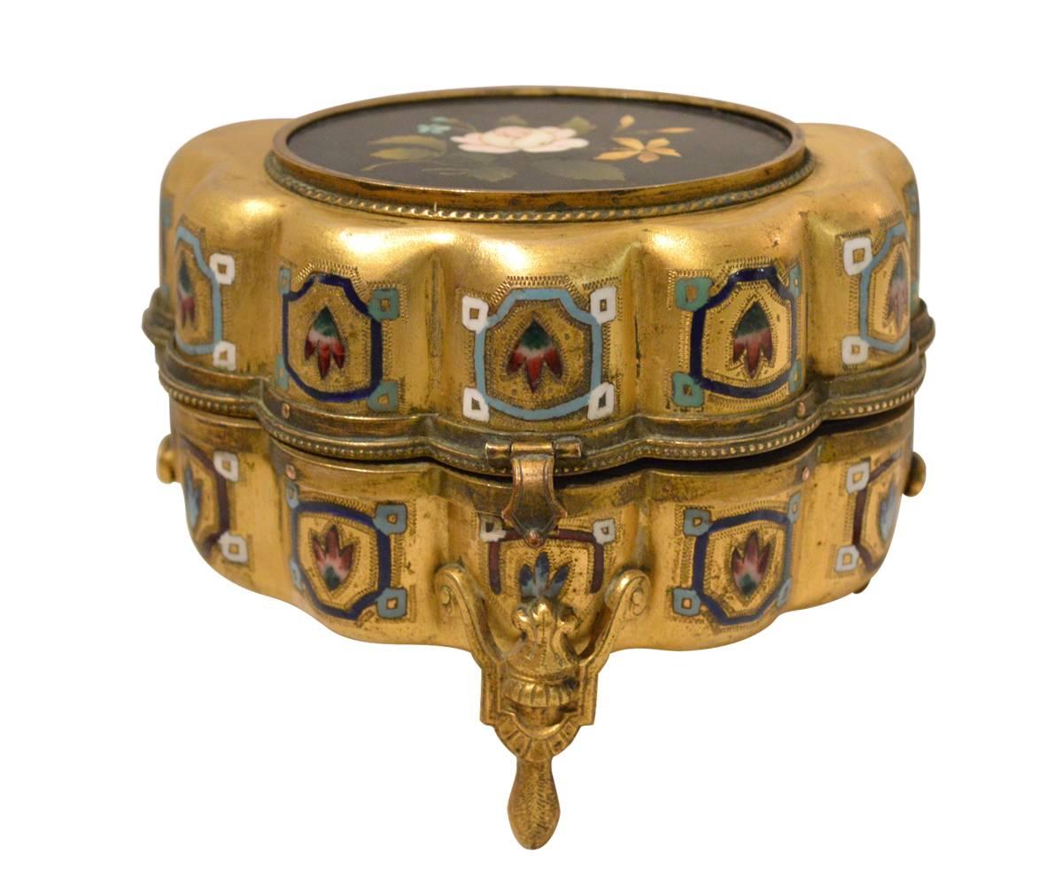 Victorian Italian Antique Pietra Dura Inlaid Gilt Bronze Box with Enameling