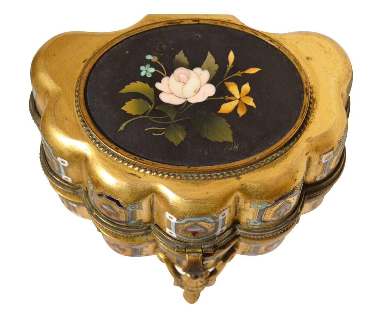 Enameled Italian Antique Pietra Dura Inlaid Gilt Bronze Box with Enameling