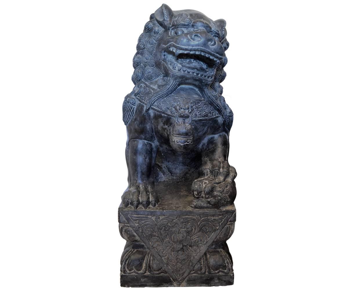This pair of quite large and very heavy Chinese Foo dogs are very well carved and their animated personality will command your attention when you enter a space they grace. They are a beautiful black color and are fairly old but likely not quite