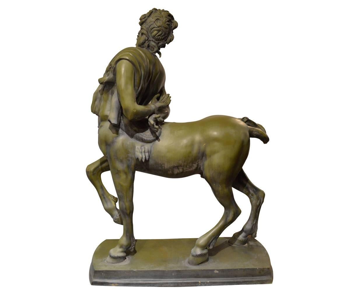 We proudly offer this life-size bronze centaur with a beautiful patina throughout this statue features excellent workmanship resulting is sharp features. This statue can be displayed indoors or out. The pose, with the hands tied behind the back, is