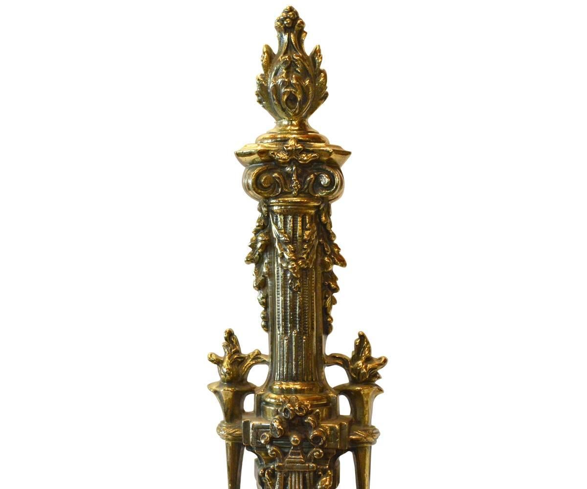 Louis XVI Antique Polished Brass Andirons For Sale