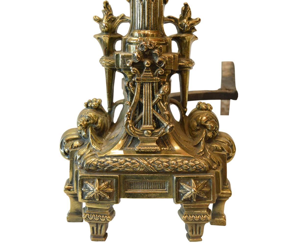 French Antique Polished Brass Andirons For Sale