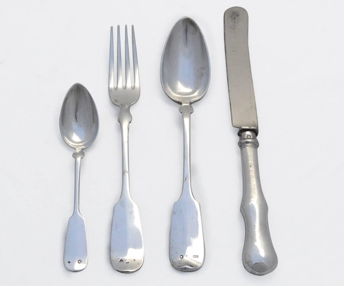 This antique silver flatware set is unusual in its heavy and bold appearance. The style is a simple, strong medieval appearance rarely found. This rare and sought after Austro Hungarian set sell at a very high premium. The set is comprised of 24