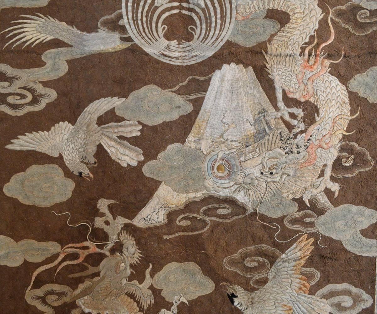 Large Antique Japanese Silk Embroidery Featuring Dragons in Clouds at ...