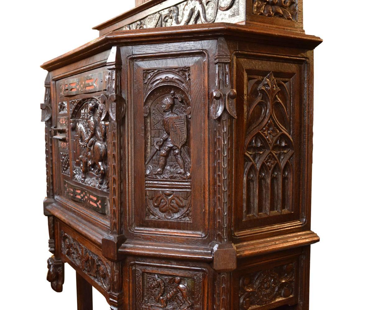 19th Century Antique Gothic Revival Hand-Carved Cabinet on Stand
