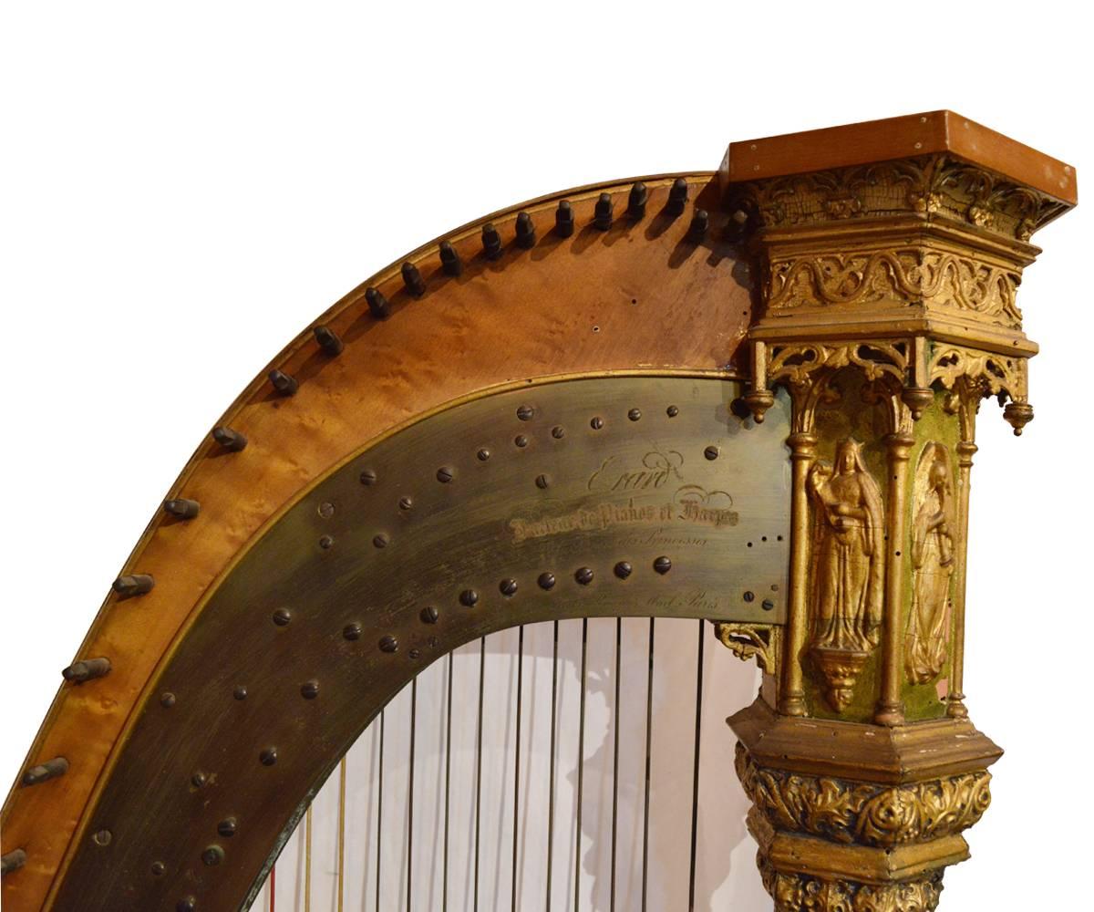 19th Century Erard Antique French Gothic Revival Style Parcel-Gilt Harp