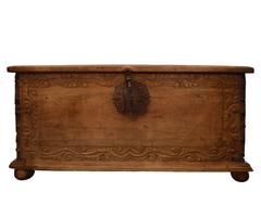 Large Antique 17th Century European Hand-Carved Wood Trunk/ Hope Chest
