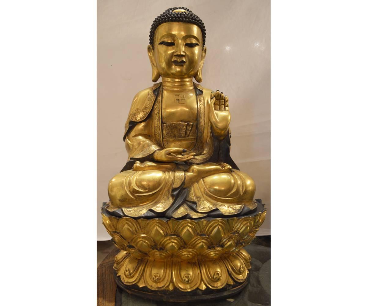 Chinese Export Set of Three Large Chinese Ming Style Gold Gilt Bronze Seated Buddha's