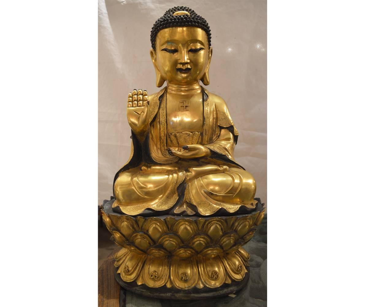 20th Century Set of Three Large Chinese Ming Style Gold Gilt Bronze Seated Buddha's